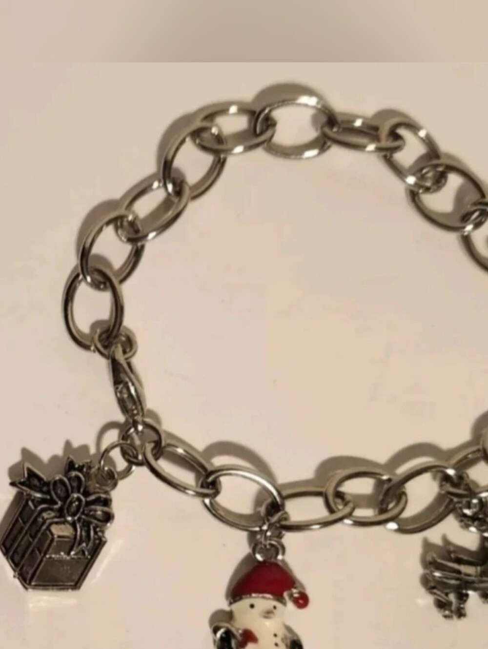 VTG Christmas Charm Bracelet Womens 7" Silver Metal- 3- Snowman Present Reindeer